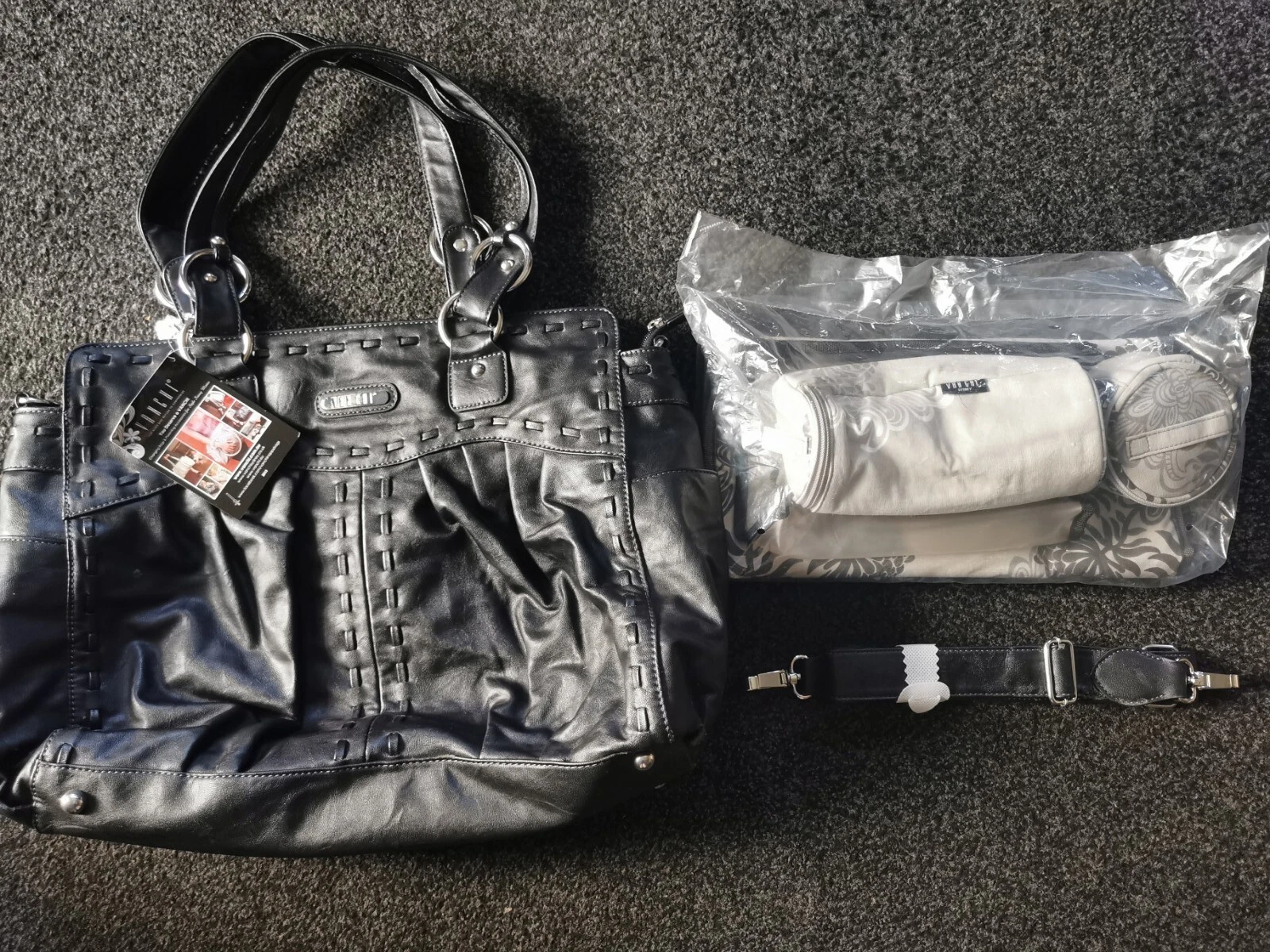 Vanchi Nu Leather Look Baby Changing Bag Bottle Holder Mat + Accessories Black