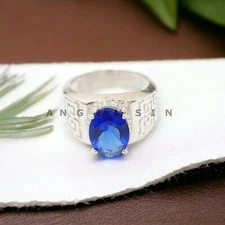 Blue Sapphire Gemstone With 925 Sterling Silver Ring For Men's #AL395
