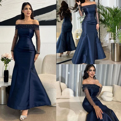 Navy Mermaid Evening Dress Formal Satin Off The Shoulder Ladies Prom Party Gowns - Picture 1 of 11