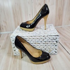 STUART WEITZMAN Black/Tan Patent Leather Peep Toe Heels 7 Formal Party Career