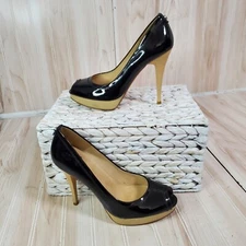 Women's STUART WEITZMAN Black/Tan Patent Leather Peep Toe Heels Size 7 M EUC