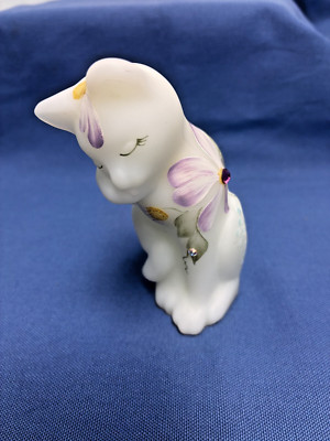 Fenton Cat Figurine Handpainted E. Lowe Rhinestones 4 Inches
