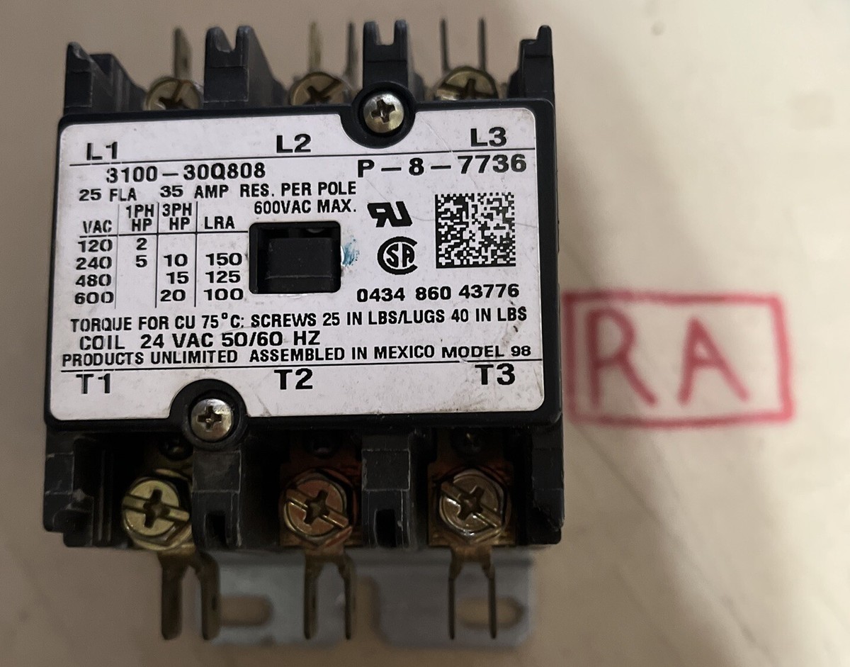 Tyco Electronics 3100-30Q808 Contactor Black 35 Amp 600V 3 Tyco Electronics 3100-30Q808 Contactor Black 35 Amp 600V 3