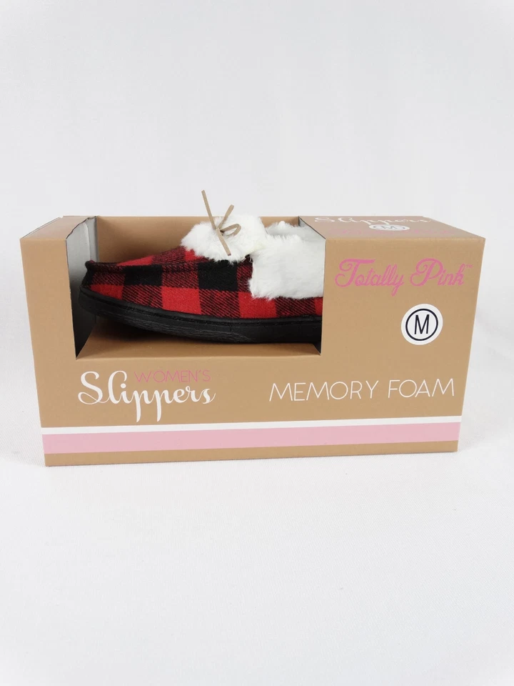 Women's Casual Slippers Red Check Fuzzy Fleece Lining Memory Foam House Shoes - Image 3 of 4