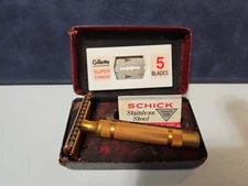 Vintage 1930s Gillette Long Open Comb Fat Handle Razor Brass Gold with Case