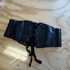 Black Faux Leather Lace Up Corset Elastic Waist Belt Snap Closure S/M Boho