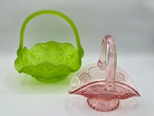 Lot of 2 Vntg Glass Baskets Green Satin Pink Applied Handle Westmoreland Fenton?