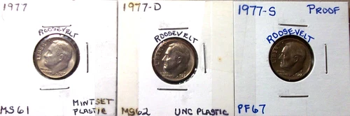1977-P MINT STATE / 1977-D MINT STATE / 1977-S PROOF ROOSEVELT DIMES