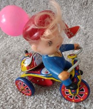 Vintage Tin Wind-Up Boy Riding Tricycle Made In Korea Works Great