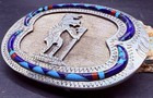 Nice Navajo Handmade Kachina Overlay Design & Multi Gemstone Inlay Belt Buckle — photo 3