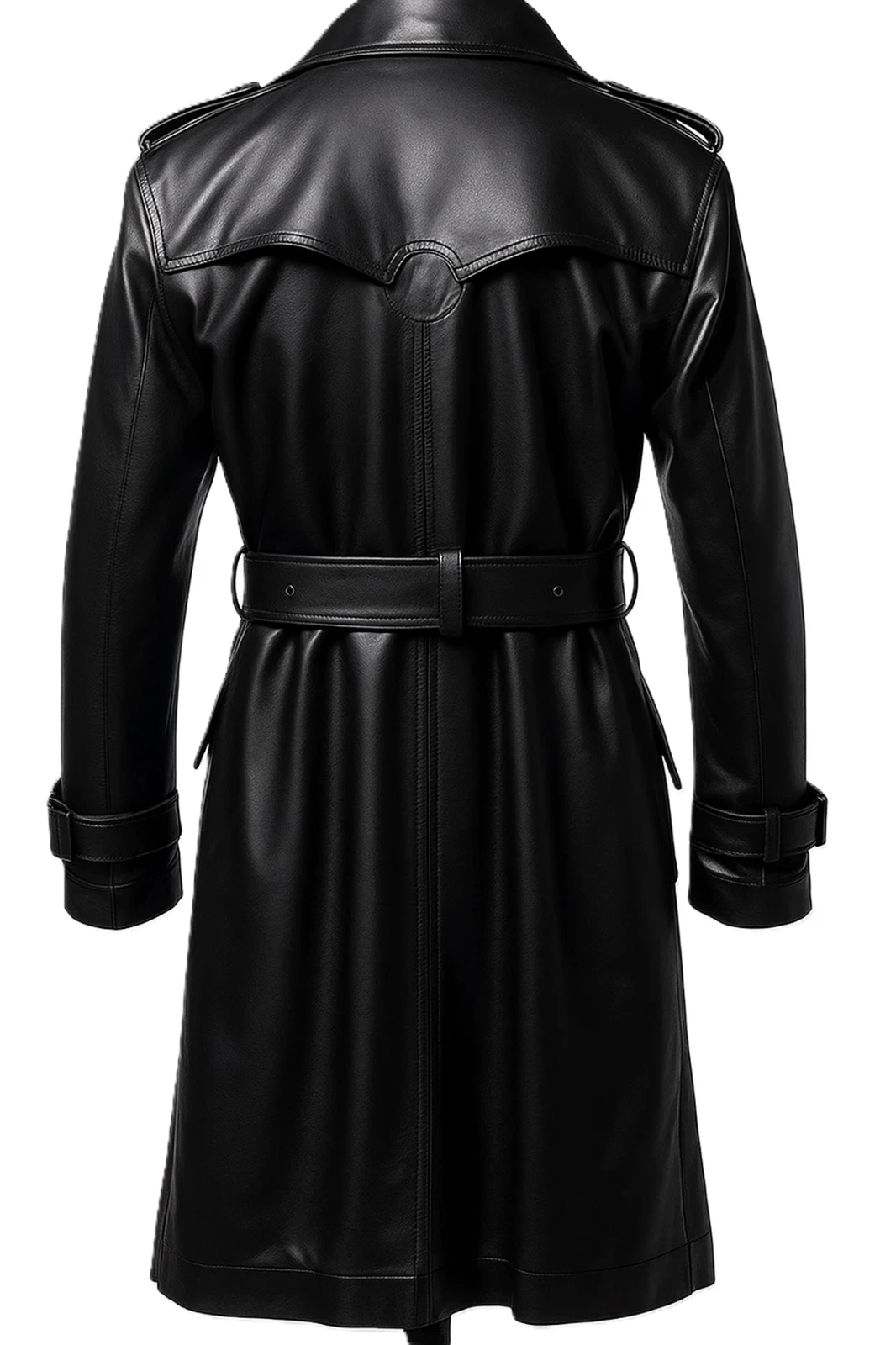 Men’s Long Black Genuine Leather Trench Coat Vintage Double-Breasted Belted Coat - product detail image 2