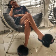 Women's Real Farm Fox Fur Fluffy Slippers Furry Slides Sandals Outdoor Y6