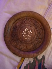 Vintage Boho Style 70's Hand Carved Teak With Inlay Wood Plate