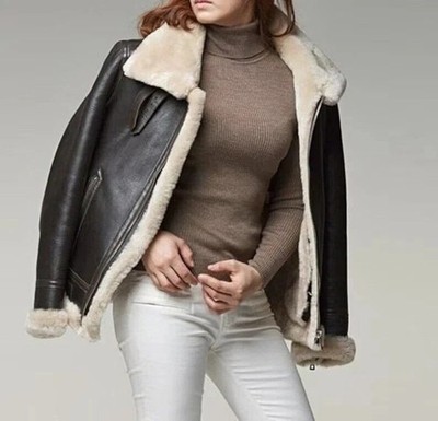 Women s Aviator B3 Bomber Jacket Shearling Coat Real Sheepskin Leather