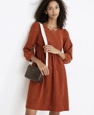 NEW Madewell Corduroy Puff-Sleeve Mini Dress Faded Rust Small Women Flowy
