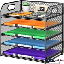 5 Tier Metal Mesh Paper Organizer Desktop File Folder Document Sorter W/ Handle