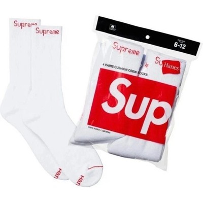 Supreme X Hanes Crew Socks 4 Pairs 8 Socks Cushion White 6-12 Fast Free Shipping