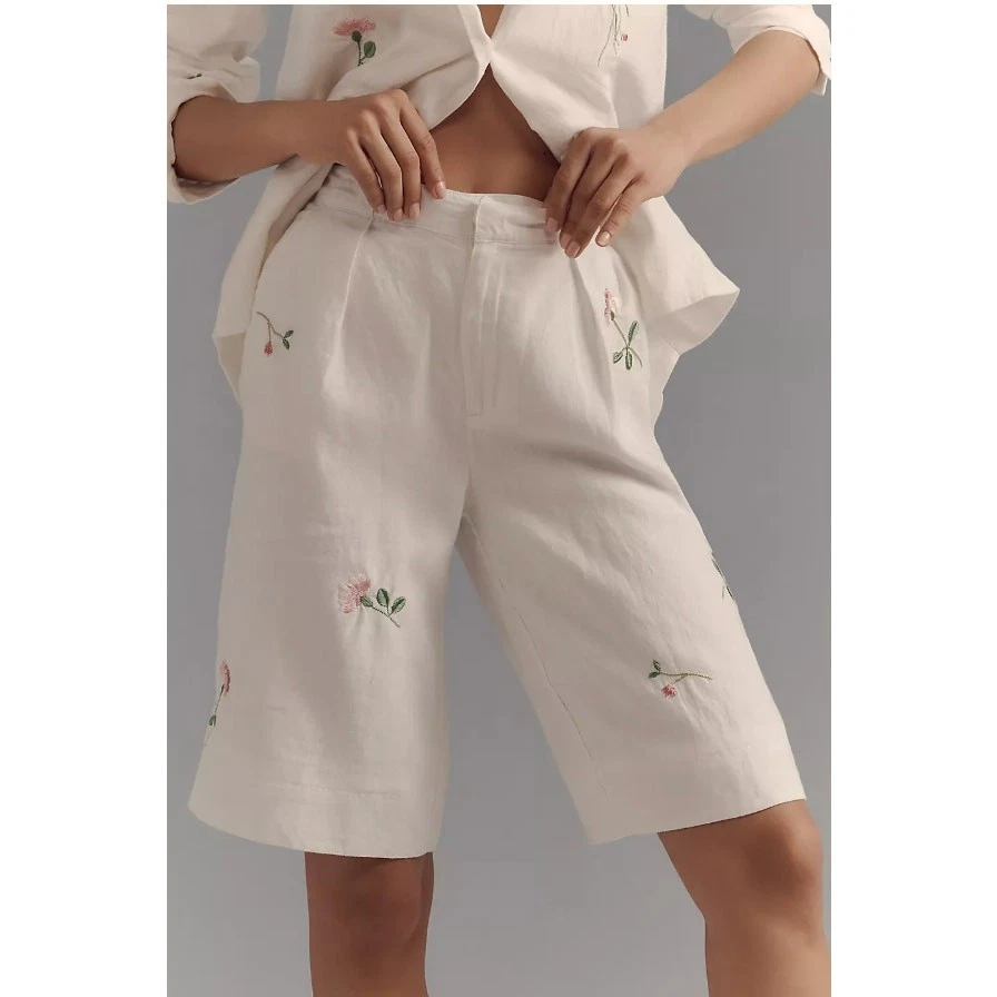 Anthropologie Linen Embroidered Relaxed Bermuda Shorts 2