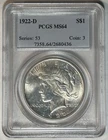 1922 D Peace Silver Dollar Coin PCGS MS 64