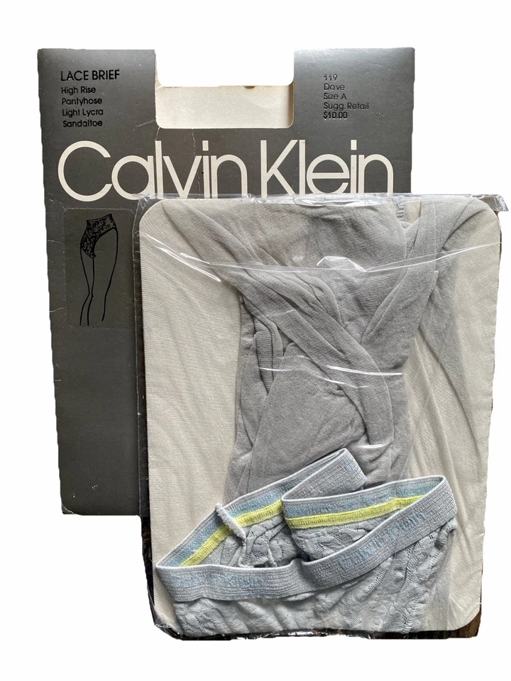 VTG 80s Calvin Klein Lace Brief High Rise Pantyhose Sandaltoe Size A - Dove Gray - Image 2 of 4