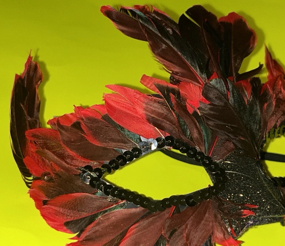 Masquerade Mask Men Woman Teen Red Black Feathers & Hard Plasticity Costume - Image 4 of 4