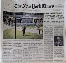 THE NEW YORK TIMES NEWSPAPER - SEPTEMBER 11, 2025 - CHARLIE KIRK SHOT DEAD