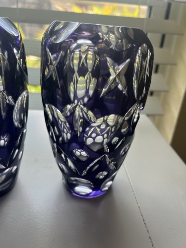 2 Vintage Bohemian Cut Crystal Vases Purple Plum Amethyst 6” - Picture 6 of 7