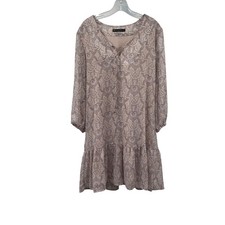 Rose & Olive Shift Dress Ruffle Hem 3/4 Sheer Sleeve Multicolor Print Small