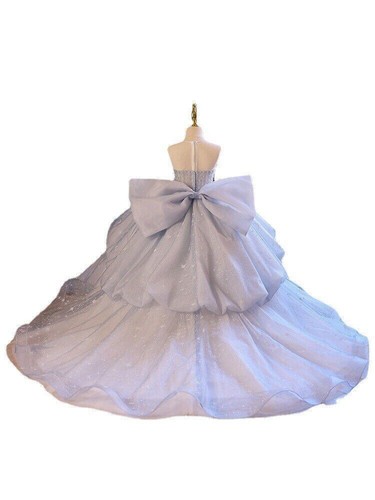 Girls Sky Blue Porm Dress Formal Clothes Flower Girl Trailing Dresses 4-12Y - Picture 4 of 13