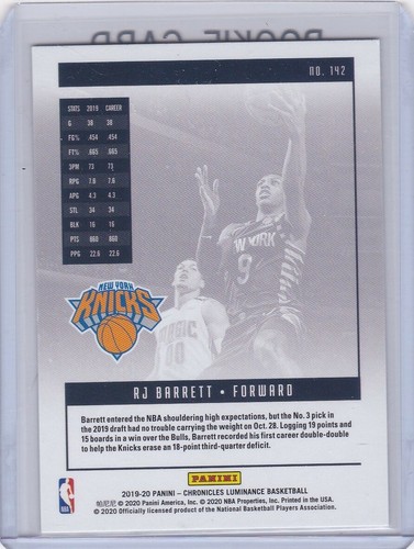 RJ BARRETT ROOKIE CARD New York Knicks Basketball 2019 Panini Luminance RC! - Picture 2 of 2