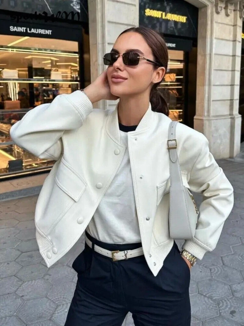 OFF WHITE Giacca corta con tasca autunnale donna collo O manica casual monopetto outwear