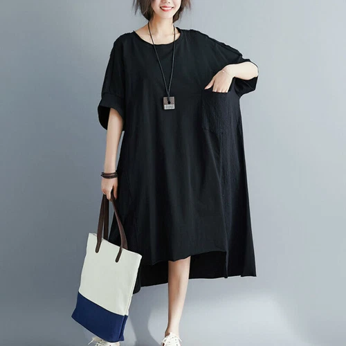 Women Cotton Linen Long T-Shirt Top Dress Loose Baggy Casual Short Sleeve - Bild 13 von 26