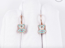 Kids Child Baby Blue Enamel Teddy Bear Earrings Russian Rose Gold 585 14k NWT 