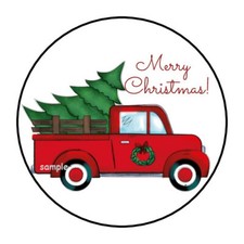 30 CHRISTMAS ENVELOPE SEALS LABELS STICKERS 1.5" ROUND CLASSIC RED TRUCK TREE