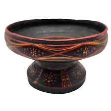 Vintage Colorful Footed Bowl Pedestal Hand Made Painted Folk Primitive