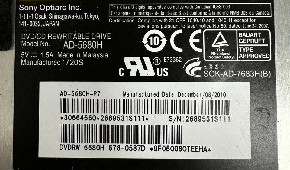 Sony AD-5680H 5V SATA Internal  DVD CD Rewritable Drive For Apple iMac 678-0587D - Image 2 of 3