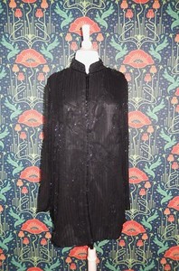 Vintage 90's Y2K Black Silk Whimsigoth Mandarin Collar Beaded Trophy Jacket XL