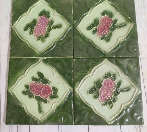 4 Pcs. Vintage Majolica Decorative Floral Art Nouveau Architecture Tiles, Japan