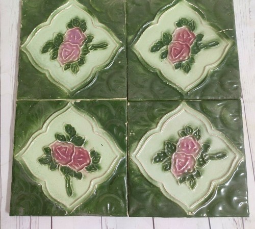 4 Pcs. Vintage Majolica Decorative Floral Art Nouveau Architecture Tiles, Japan - Picture 1 of 8