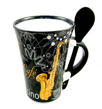 Black Saxophone Cappuccino Mug with Spoon - Music Gift -Saxophone Cappuccino Mug