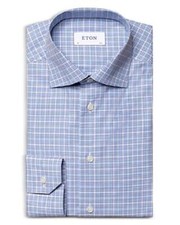 Eton Slim Fit Grid Print Dress Shirt Blue Size 15 0171