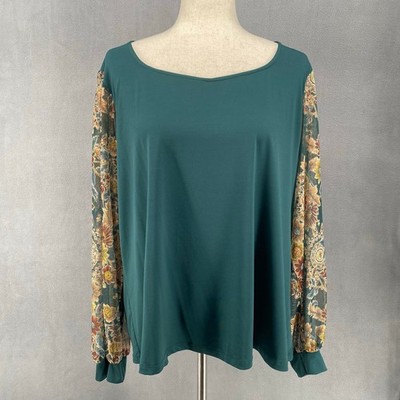 Curations x Nicole Hickl Floral Sheer Long Sleeve Blouse 1X Green HN90003