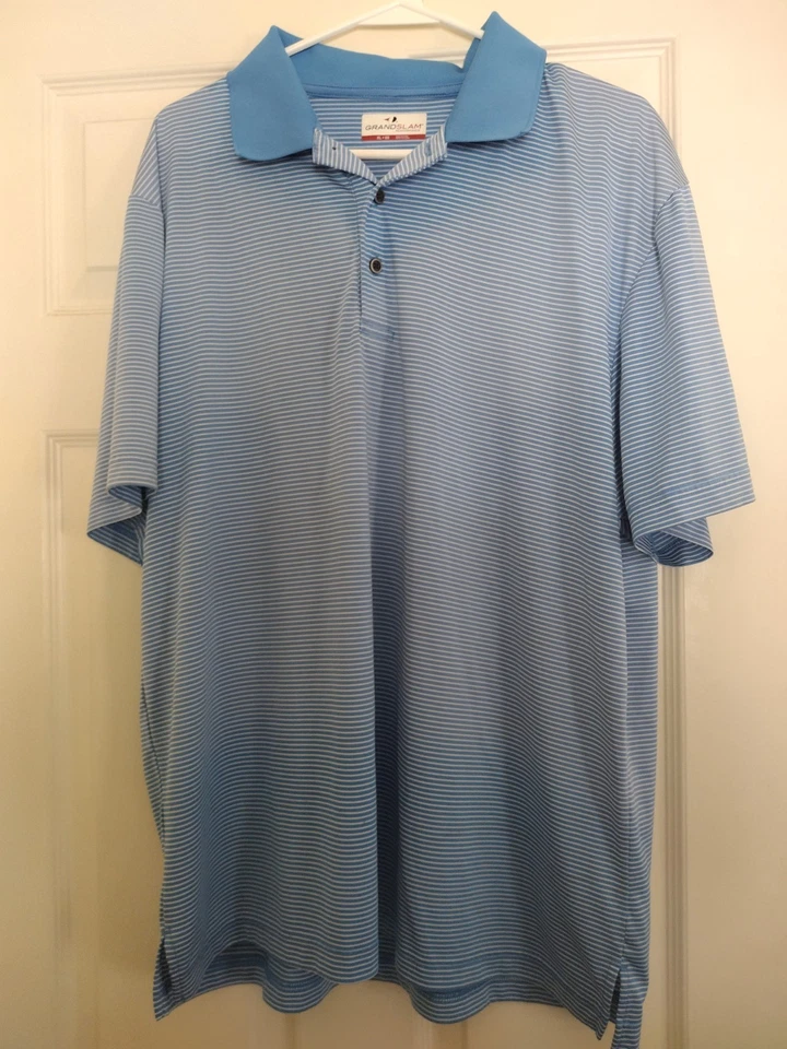 Grand Slam Performance Men XL Collared Blue White Stripe Short Sleeve Polo Golf - Image 4 of 4