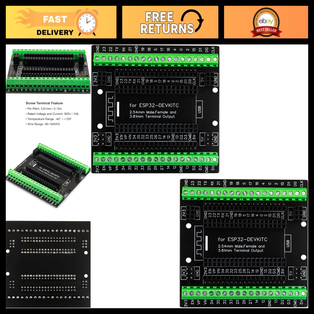 2PCS ESP32 Breakout Board with Terminal Blocks, GPIO Expansion, 3 Output Types