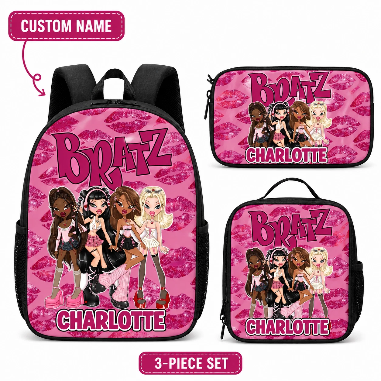 Pink Personalized School Backpack Set 3PCS Girls Bookbag Lunch Bag Pencil Case