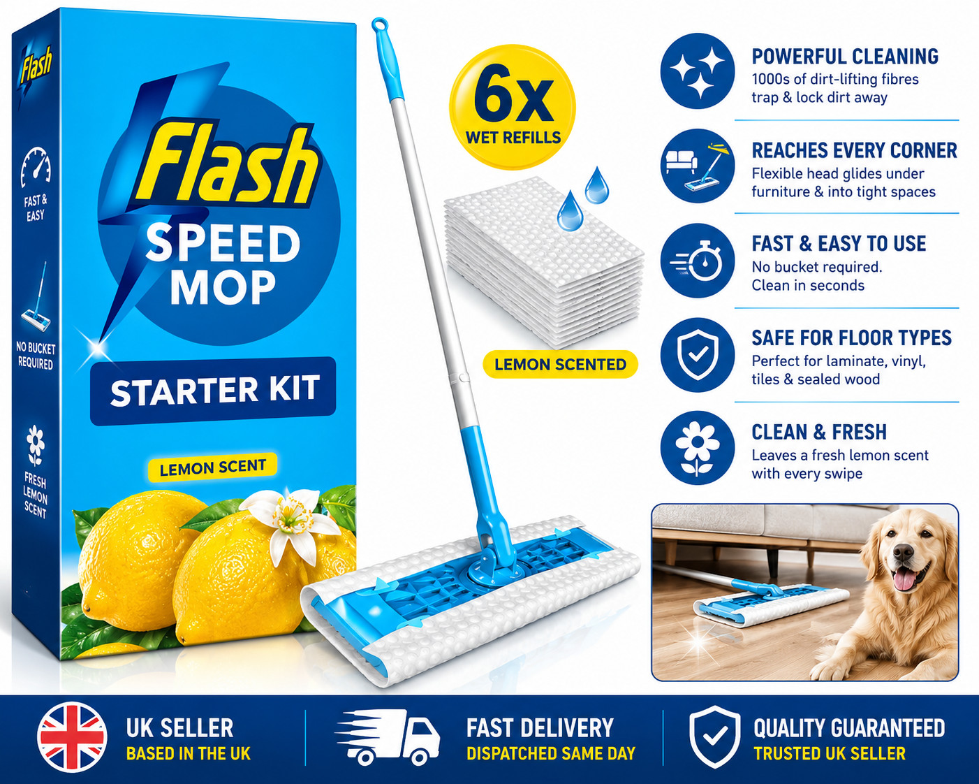 Flash Speedmop Floor Cleaner Starter Kit Mop with 6 Lemon Wet Refills UK
