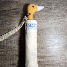 Vintage 1980s Ivory Raines Premier Wood Duck Handle Push Button Compact Umbrella