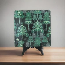 Contemporary Christmas Trees on Green Fabric Backed 10" Square Glass Platter