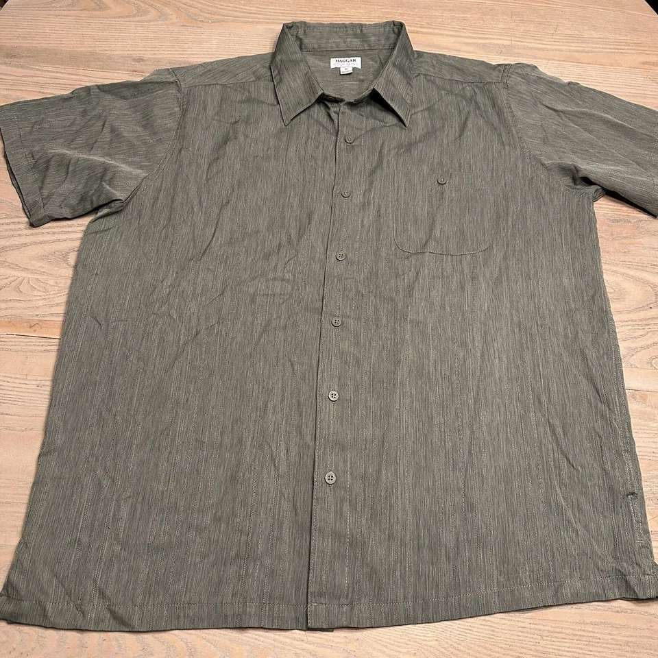 Haggar Cool 18 Tec Green Jacquard Shirt Mens XL Button Up Short Sleeve - Image 2 of 4