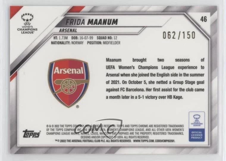 2021-22 Chrome UEFA Women's Champions League Frida Leonhardsen Maanum Rookie RC - Image 2 of 2